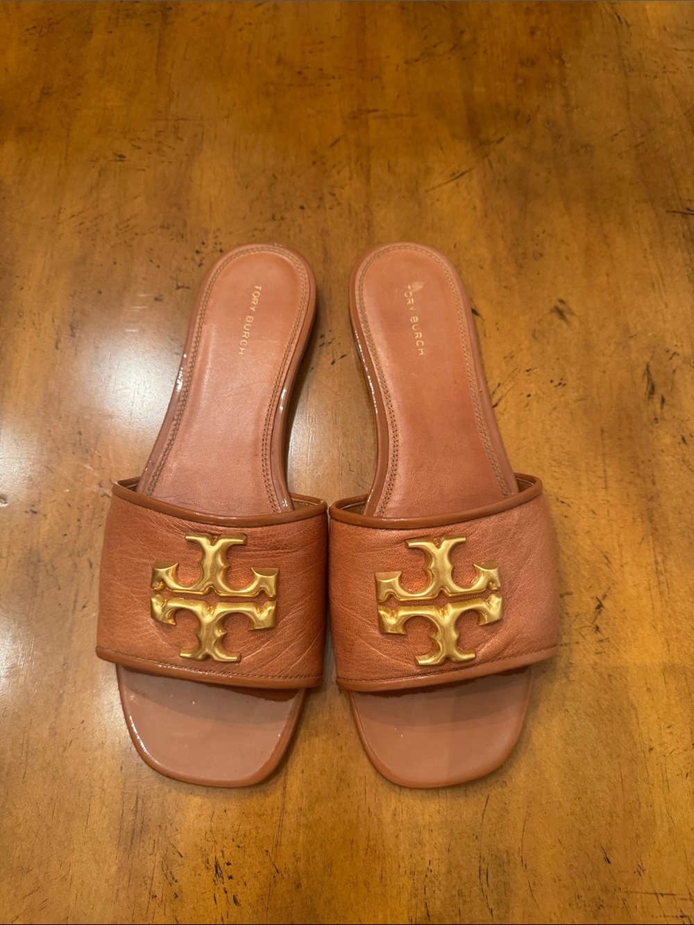 Tory Burch Cognac Leather Slide Sandals with Gold Logo